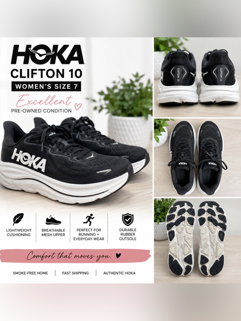 Hoka Clifton 10 Women's Running Shoes in Black and White